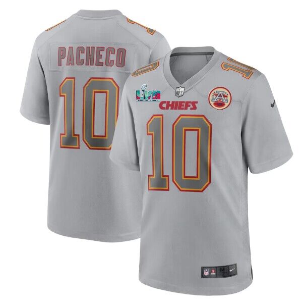 Men's Kansas City Chiefs #10 Isiah Pacheco Grey With Left A Patch Right Super Bowl LVII Patch Atmosphere Fashion Stitched Game Jersey Men's Kansas City Chiefs #10 Isiah Pacheco Grey With Left A Patch Right Super Bowl LVII Patch Atmosphere Fashion Stitched Game Jersey